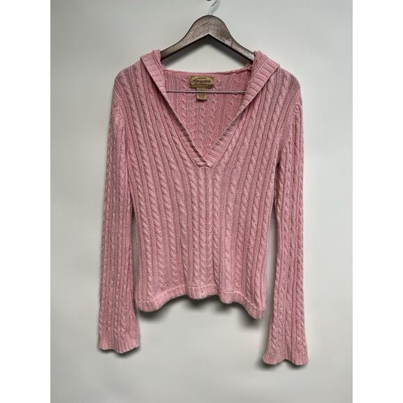 VTG Y2K Cable Knit Sweater L Pink Fitted V Neck Hooded Vampire Diaries Elena - Picture 8 of 13